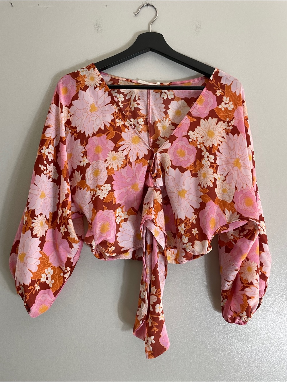 Lush Blouse Floral Polyester Tie Front Large Retro Summer Top